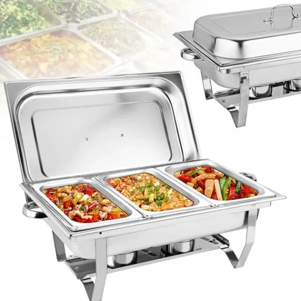 Tilbehør Til Madservering>Buffetvarmer Chafing Dish - Rektangulær Madvarmer - 3 Sektioner 3×3 L (9 L) - Rustfrit Stål - Til Catering & Buffet