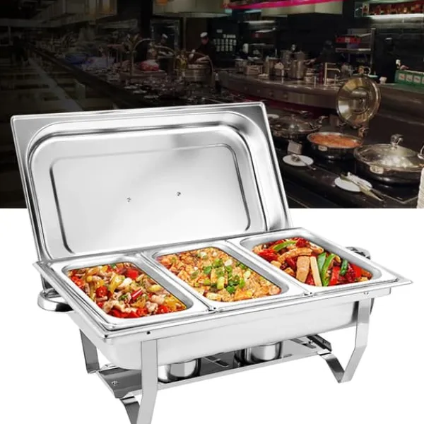 Tilbehør Til Madservering>Buffetvarmer Chafing Dish - Rektangulær Madvarmer - 3 Sektioner 3×3 L (9 L) - Rustfrit Stål - Til Catering & Buffet