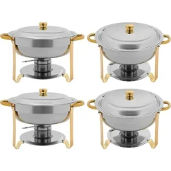 Madopvarmere>Buffetvarmer Chafing Dish Sæt - Rund Chafer 4,5 L - Sæt med 4 - Rustfrit Stål - Ø41×25 cm - Med Brænderholdere - Guld