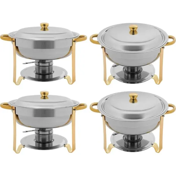 Madopvarmere>Buffetvarmer Chafing Dish Sæt - Rund Chafer 4,5 L - Sæt med 4 - Rustfrit Stål - Ø41×25 cm - Med Brænderholdere - Guld
