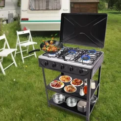 Campingkomfur - Bærbar gaskomfur - 5 brændere - Dobbelt opbevaringshylde - Vindskærm - Manuel tænding - Sort Best