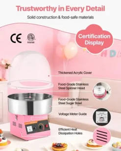Candyfloss- og sukkerspindmaskine - Professionel - Elektrisk 1000 W - Med låg - Skål i rustfrit stål - Sukkerske inkl. - Lyserød Discount