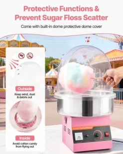 Candyfloss- og sukkerspindmaskine - Professionel - Elektrisk 1000 W - Med låg - Skål i rustfrit stål - Sukkerske inkl. - Lyserød Discount
