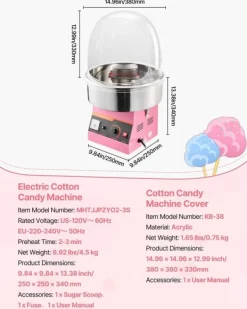 Candyfloss- og sukkerspindmaskine - Professionel - Elektrisk 1000 W - Med låg - Skål i rustfrit stål - Sukkerske inkl. - Lyserød Discount