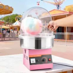 Candyfloss- og sukkerspindmaskine - Professionel - Elektrisk 1000 W - Med låg - Skål i rustfrit stål - Sukkerske inkl. - Lyserød Discount