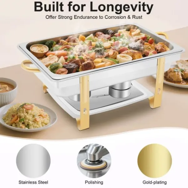 Chafing Dish - Buffetvarmer - 9 L Kapacitet - Rustfrit Stål - 2 Brænderholdere - Til fast sprit/bio-olie - 63x35x32 cm - Sølv/Guld Hot