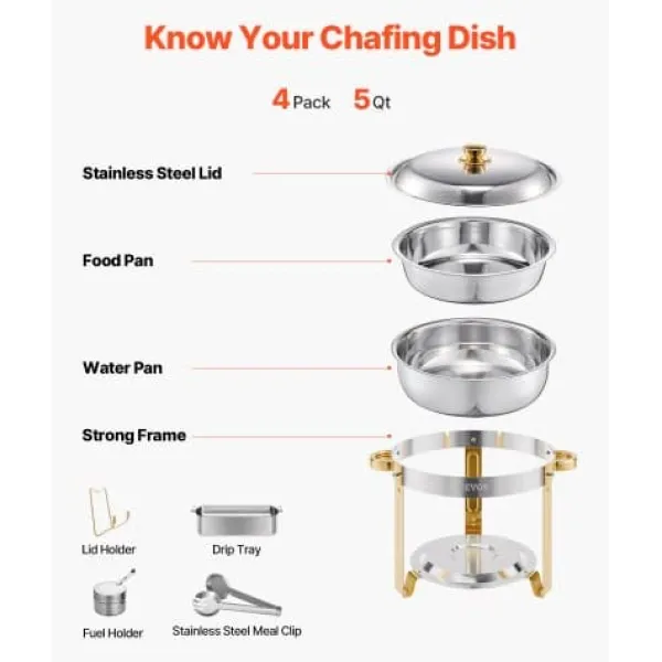 Tilbehør Til Madservering>Chafing Dish Buffet Sæt, 5 Qt 4-pak, Guld, Rustfrit Stål