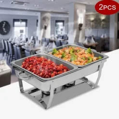 Madopvarmere>Chafing Dish Buffetsæt - Rektangulær Madvarmer - 2-pak - Rustfrit Stål - Til Catering - Sølv