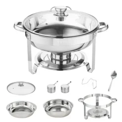 Chafing Dish Sæt, 2-pak rund med glaslåg og brænderholder, 38x34x32 cm, rustfrit stål Clearance