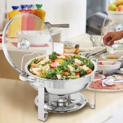 Chafing Dish Sæt, 2-pak rund med glaslåg og brænderholder, 38x34x32 cm, rustfrit stål Clearance