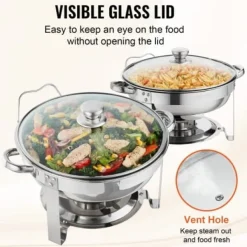 Chafing Dish Sæt, 2-pak rund med glaslåg og brænderholder, 38x34x32 cm, rustfrit stål Clearance