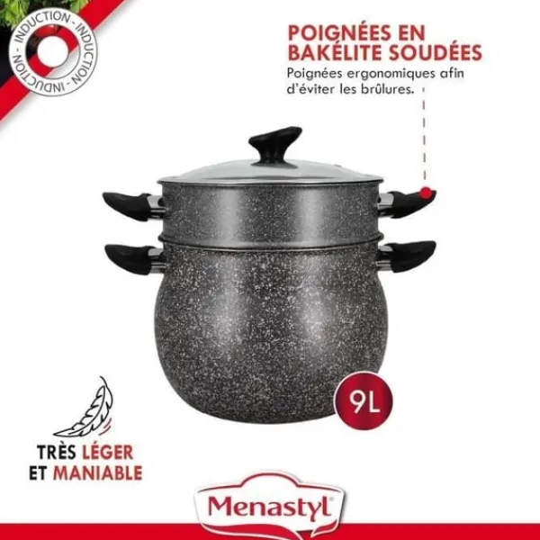 Madlavningsmaskiner>Couscoussier - MENASTYL - 6020033 - Marmorlook aluminium - 9 liter - Velegnet til alle varmekilder inklusive induktion