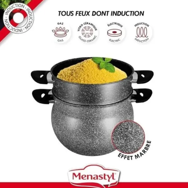 Madlavningsmaskiner>Couscoussier - MENASTYL - 6020033 - Marmorlook aluminium - 9 liter - Velegnet til alle varmekilder inklusive induktion