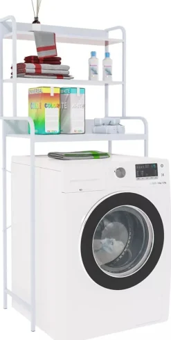 Vaskemaskiner>Darby Over-the-Washing Machine Shelf Unit with 3 Tiers - White Wood and Matte White Metal