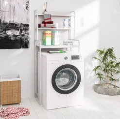 Vaskemaskiner>Darby Over-the-Washing Machine Shelf Unit with 3 Tiers - White Wood and Matte White Metal