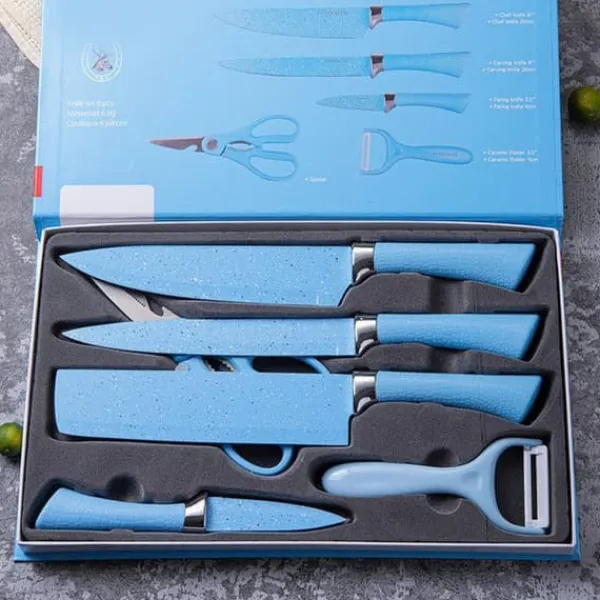 Køkkenknive>6-delt farverigt køkkenkniv i rustfrit stål med ergonomisk håndtag