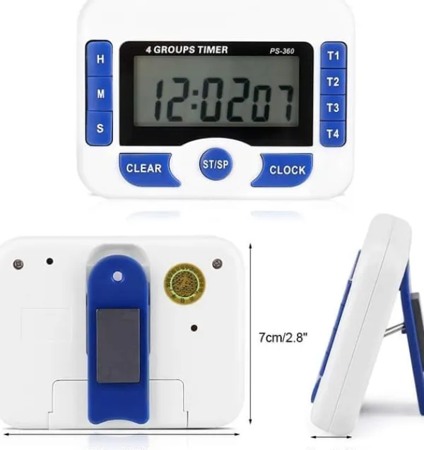 Æggeure>Digital køkkentimer, 4-kanals køkkennedtællingstimer med LCD-skærm, foldbart stativ og hængende hul, magnetisk bagside (hvid + blå)
