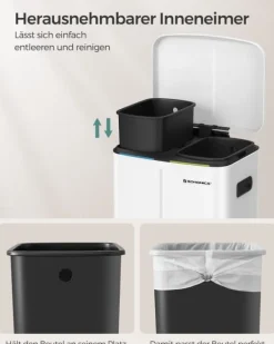 Dobbelt skraldespand, 2 x 20 l køkkenaffaldsspand, metaltrinspand med to rum, indvendige plastspande, soft-close-låg og håndtag, lugtforsegling, hvid | CDON Outlet
