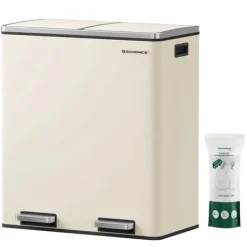 Skraldespande & Papirkurve>Dobbeltrum 2 X 30 L Skraldespand med 2 Skraldeposer, Metalfodpedaler, Creme