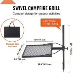 Drejelig bålgrill i kraftigt stål med justerbar madlavningsrist til åben ild. Perfekt til udendørs gril og madlavning! Clearance