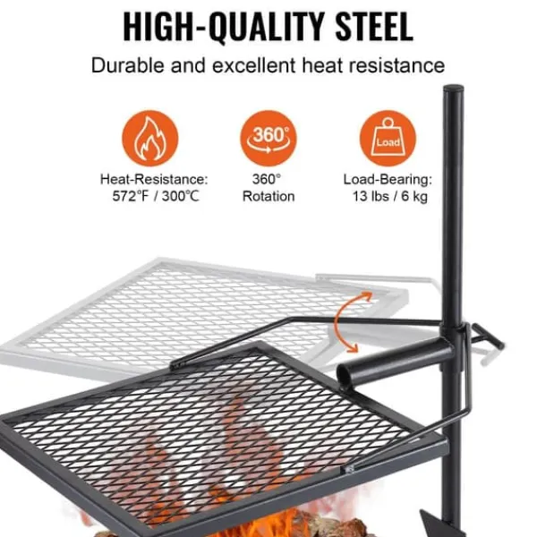 Drejelig bålgrill i kraftigt stål med justerbar madlavningsrist til åben ild. Perfekt til udendørs gril og madlavning! Clearance