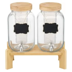 Drikkedispenser, 2-pak glasjuicebeholder med træstander, 30x15x24,4 cm, transparent New