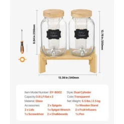 Drikkedispenser, 2-pak glasjuicebeholder med træstander, 30x15x24,4 cm, transparent New