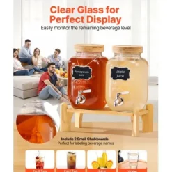 Drikkedispenser, 2-pak glasjuicebeholder med træstander, 30x15x24,4 cm, transparent New