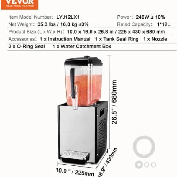 Drikkevareautomater>Drikkevareautomat, 12 L, 22.5x43x68 cm, Rustfrit Stål