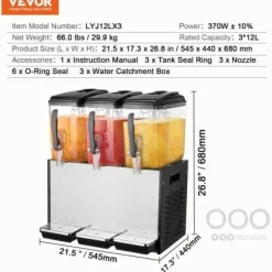 Drikkevareautomat, 3 tanke á 12L, 54.5x44x68 cm, rustfrit stål Discount