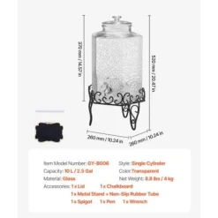 Drikkevareautomat, 40x21x21 cm, 10L, Glas, Transparent, Metalstativ Online
