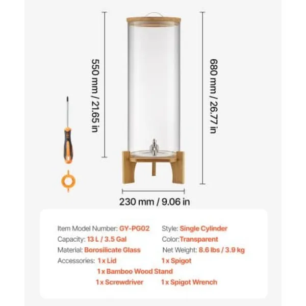 Drikkevareautomat, 20.5x20.5x63.7 cm, Transparent, Glas med træstander Clearance