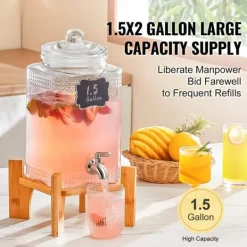 Drikkevareautomater>Drikkevaredispenser 1,5 gallon, glass juicedispenser med stativ, rustfrit stål, perfekt til fester, iste og limonade
