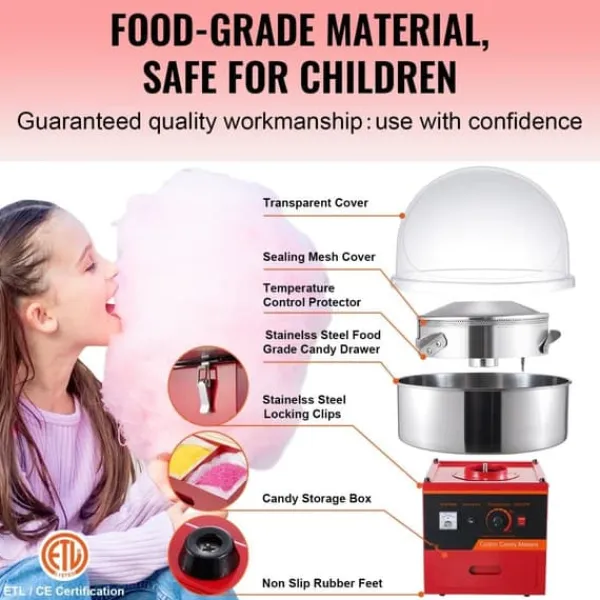 Maskiner Til Candyfloss>Elektrisk Candy Machine, 1000 W Fluffy Candy Maker, Kommerciel Candy Maskine med låg, Rustfri Stålskål, Sukkerske, Skuffe, Høj effektivitet