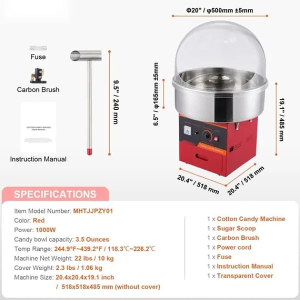 Maskiner Til Candyfloss>Elektrisk Candy Machine, 1000 W Fluffy Candy Maker, Kommerciel Candy Maskine med låg, Rustfri Stålskål, Sukkerske, Skuffe, Høj effektivitet