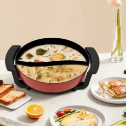Elektrisk hotpot - Yin Yang shabu shabu gryde - 6 L - 30 cm - 1360 W - 2 kamre - 5 temperaturtrin - Glaslåg - Sort Discount