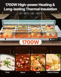 Elektrisk Madvarmer - Bain Marie Varmebad Buffet - 1700 W - 12 Bakker - Rustfrit Stål - Glaslåg Best