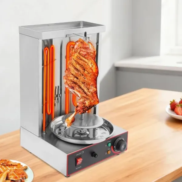 Grill-Ovne & Ovn Med Roterende Stegespyd>Elektrisk shawarma- og kebabgrill - Vertikal - 3000 W - 50–300 °C Justerbar Temp - 360° Automatisk Rotation - Rustfrit Stål 201 - Sølv