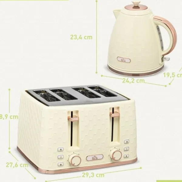 Elkedel>Elkedel & brødrister sæt, 1,7 L, 4 skiver, 7 indstillinger, optøning/opvarmning, auto-sluk, beige