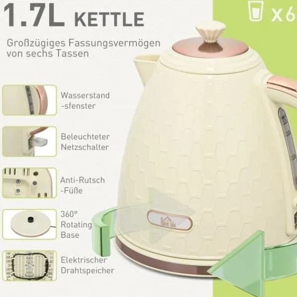 Elkedel>Elkedel & brødrister sæt, 1,7 L, 4 skiver, 7 indstillinger, optøning/opvarmning, auto-sluk, beige