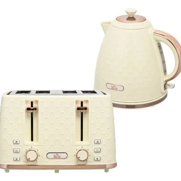 Elkedel & brødrister sæt, 1,7 L, 4 skiver, 7 indstillinger, optøning/opvarmning, auto-sluk, beige Clearance