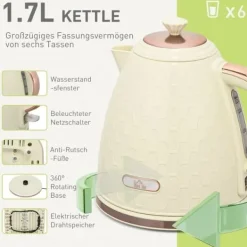 Elkedel & brødrister sæt, 1,7 L, 4 skiver, 7 indstillinger, optøning/opvarmning, auto-sluk, beige Clearance