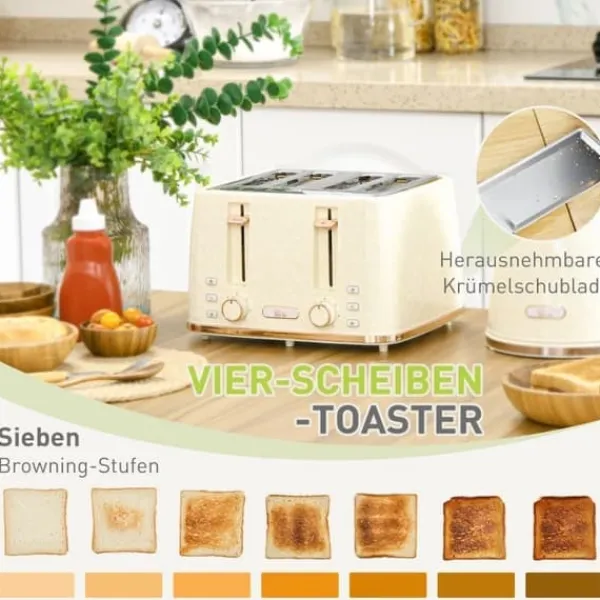 Elkedel & brødrister sæt, 1,7 L, 4 skiver, 7 indstillinger, optøning/opvarmning, auto-sluk, beige Clearance
