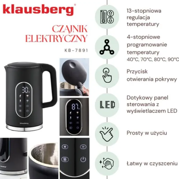 Elkedel med temperaturkontrol 1,7L ledningsfri sort KLAUSBERG KB-7891 Clearance