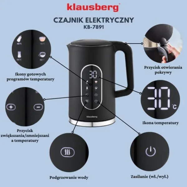 Elkedel med temperaturkontrol 1,7L ledningsfri sort KLAUSBERG KB-7891 Clearance