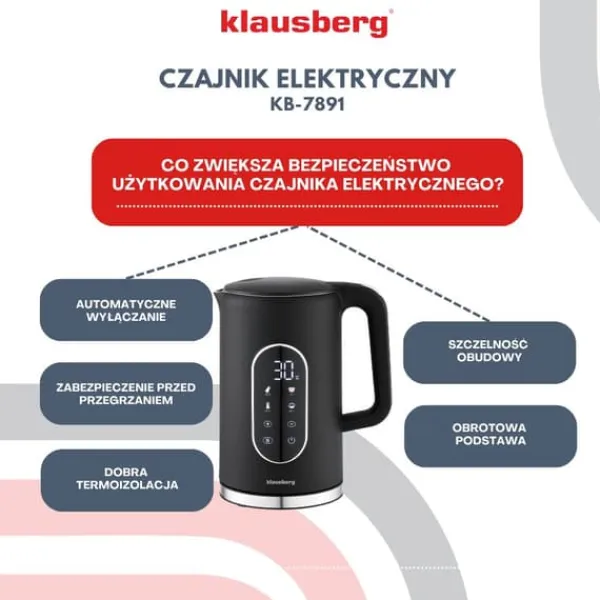 Elkedel med temperaturkontrol 1,7L ledningsfri sort KLAUSBERG KB-7891 Clearance