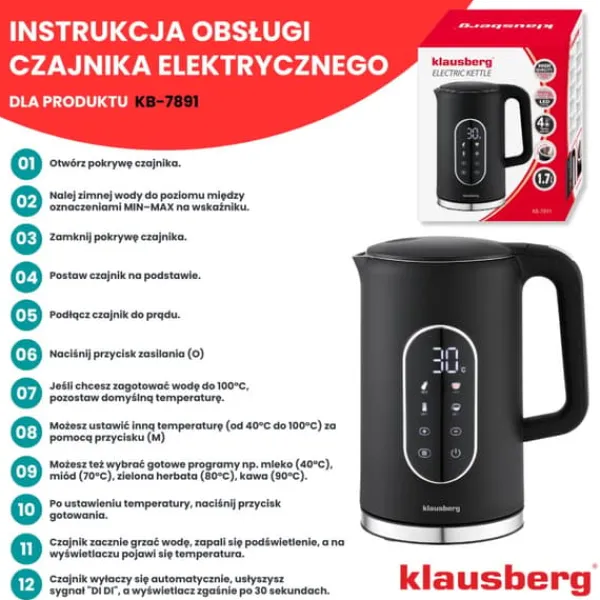 Elkedel med temperaturkontrol 1,7L ledningsfri sort KLAUSBERG KB-7891 Clearance