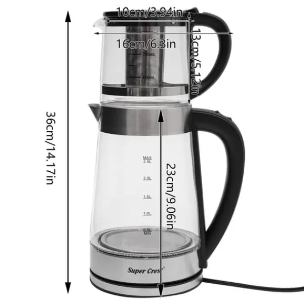 Elkedel, 1800W effekt, 2,5L kapacitet, glas og rustfrit stål, 220V spænding, 80cm strømkabel Best