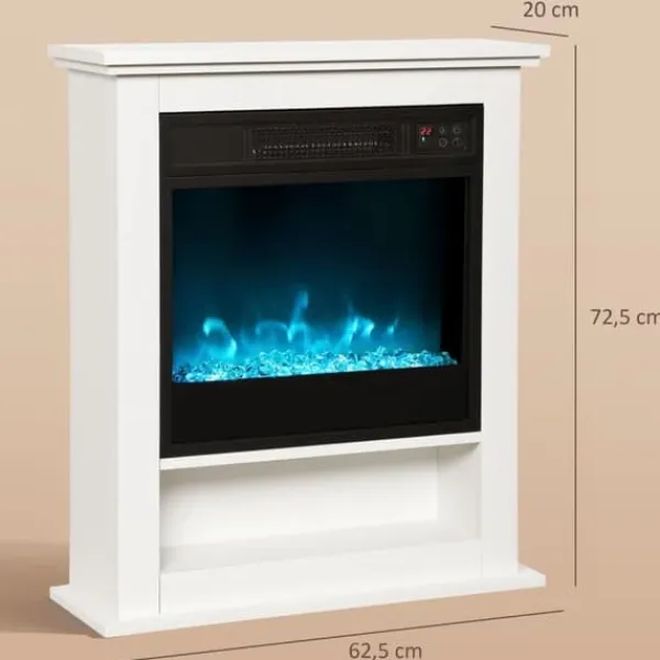 Radiatorer>El-komfur med realistiske flammer, 9 farver, dæmpbar lysstyrke, 1800 W, fjernbetjening og timer, hvid