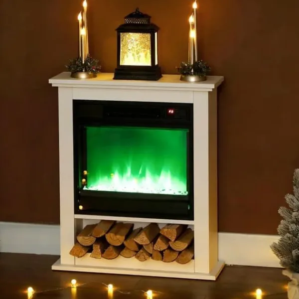 Radiatorer>El-komfur med realistiske flammer, 9 farver, dæmpbar lysstyrke, 1800 W, fjernbetjening og timer, hvid